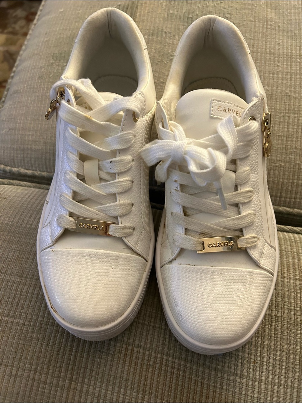 Carvela Women's White Leather Lace-Up Sneakers with Gold Accents